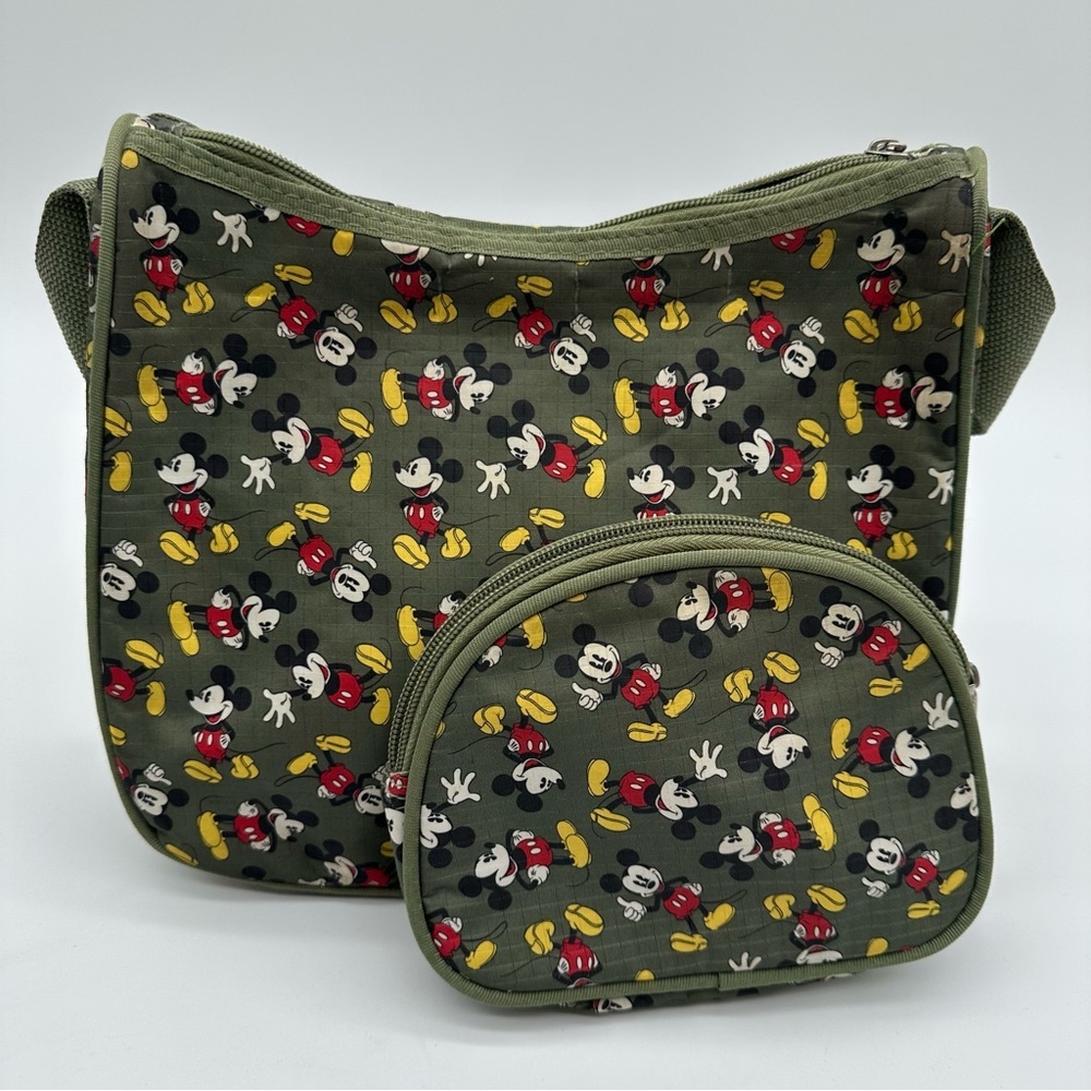Disney Olive Green Mickey Mouse Nylon Shoulder Bag and Matching Cosmetics Case